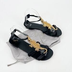 Giuseppe Zanotti Black Leather Gold Crocodile Embellished Flat Sandals IT 37.5